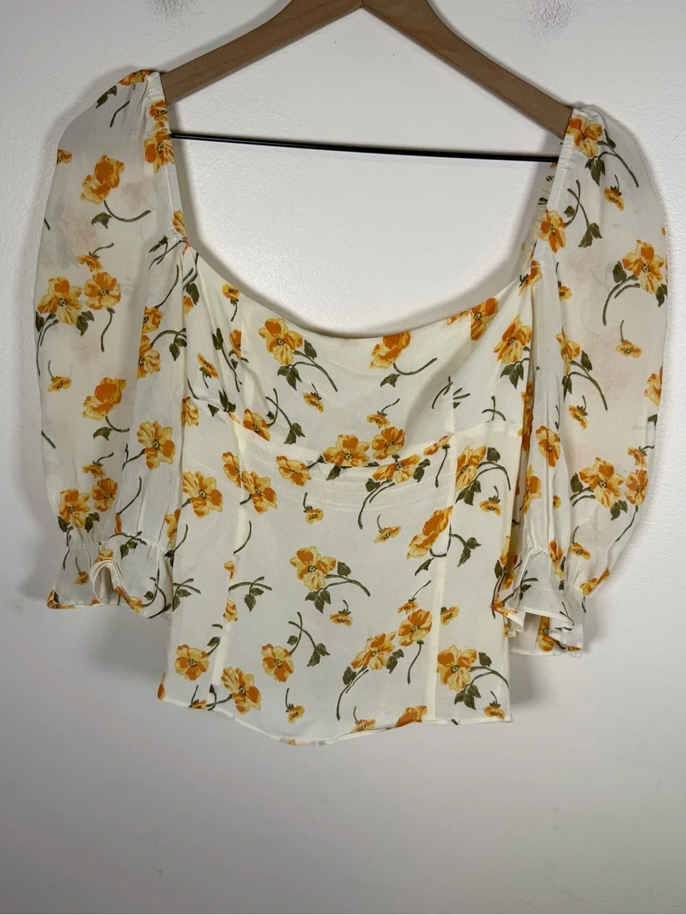 Reformation Georgia Square Neck Top White Floral Size 6 Puff Sleeve Boho Summer